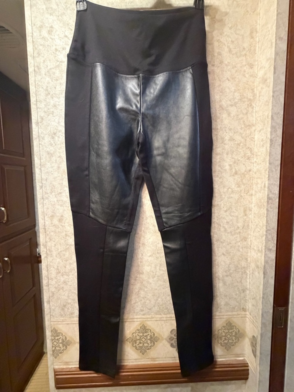 Ruby Ribbon Black Faux Leather-Panel High-Waist Ankle Pants